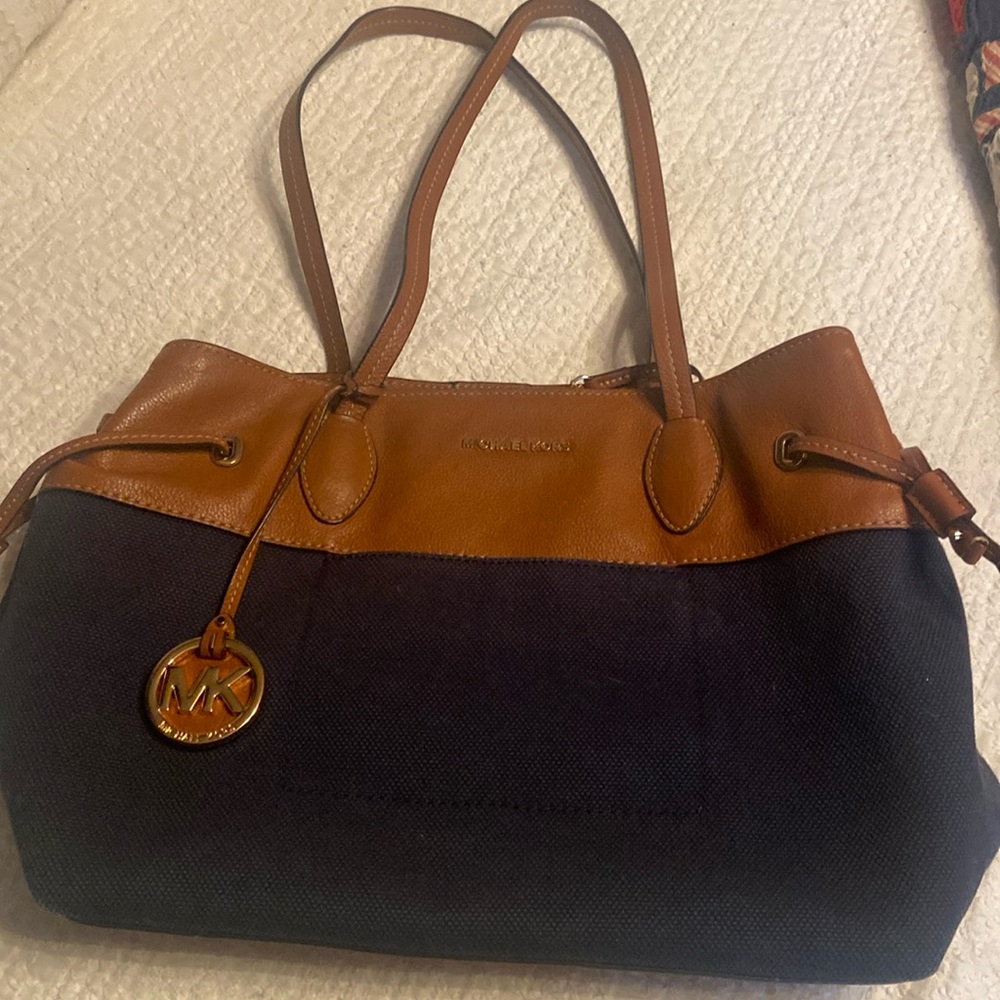 Michael Kors large tote/satchel. Navy blue canvas and caramel leather